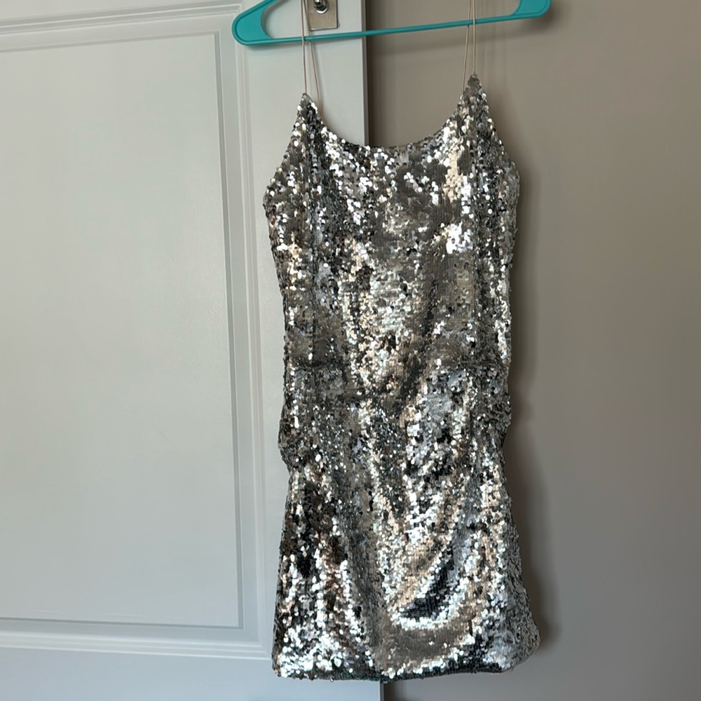 Alice and Olivia Nelle Silver Sequin Dress